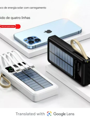 Power Bank Solar 20.000mAh – Carregador Portátil 5 em 1 com Cabos Integrados, LED e Lanterna