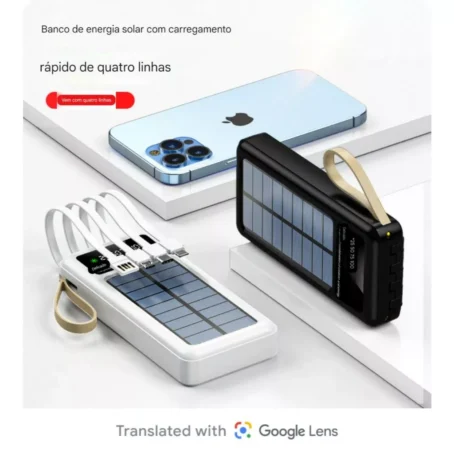 Power Bank Solar 20.000mAh – Carregador Portátil 5 em 1 com Cabos Integrados, LED e Lanterna