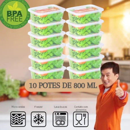 Kit com 10 Potes Transparentes de 800ml – Com Tampa | Reutilizáveis | Ideal para Marmitas Fitness, Organização de Alimentos, Freezer e Micro-ondas - Imagem 9