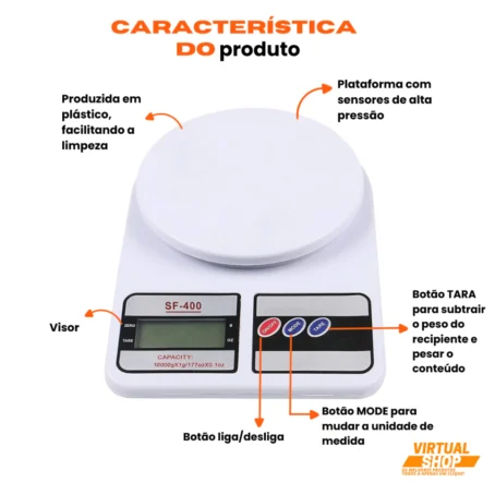 Balança Digital de Cozinha SF-400 – Precisão de 1g a 10kg | Ideal para Nutrição, Dieta e Receitas - Imagem 3