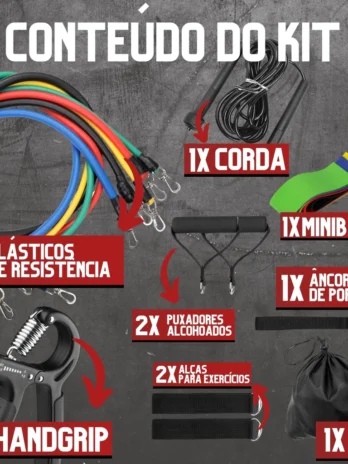 Kit 18 Peças para Treino em Casa – Elásticos Extensores, Minibands, Corda de Pular, Hand Grip e Acessórios | Linha Premium PivaStore