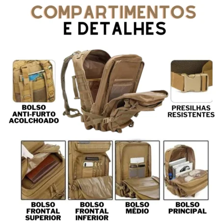 Mochila Militar Tática Reforçada – Impermeável | 50 Litros | Grande Capacidade | Acompanha Bandeira do Brasil - Imagem 6