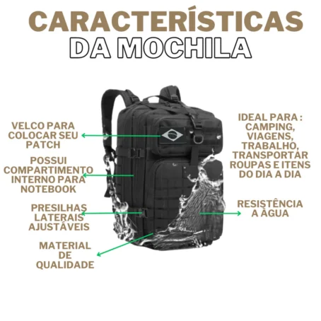Mochila Militar Tática Reforçada – Impermeável | 50 Litros | Grande Capacidade | Acompanha Bandeira do Brasil - Imagem 3
